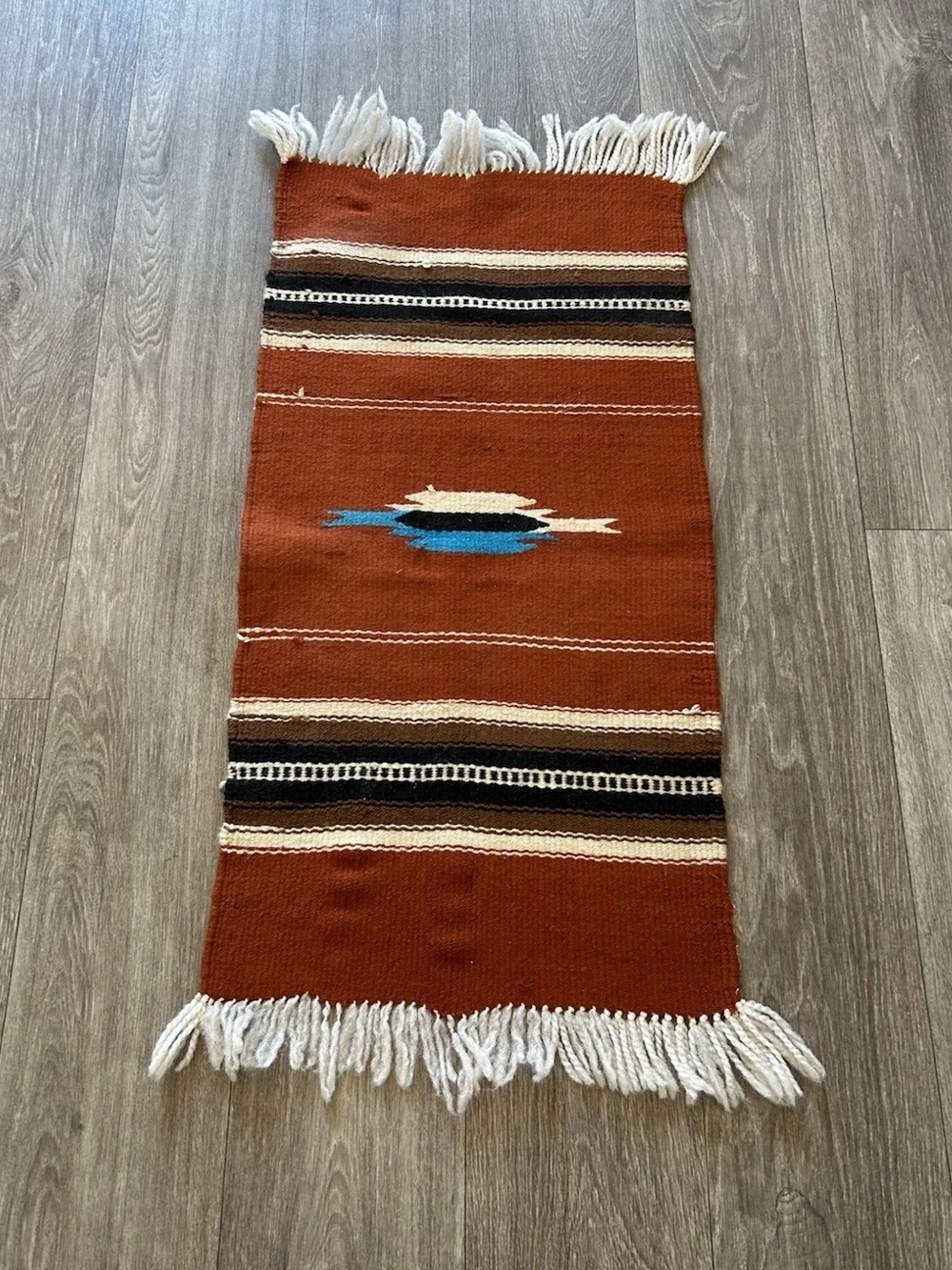 Vintage Handwoven Southwestern Wool Rug Mexican Style Rust Fringe 34.5x15.5